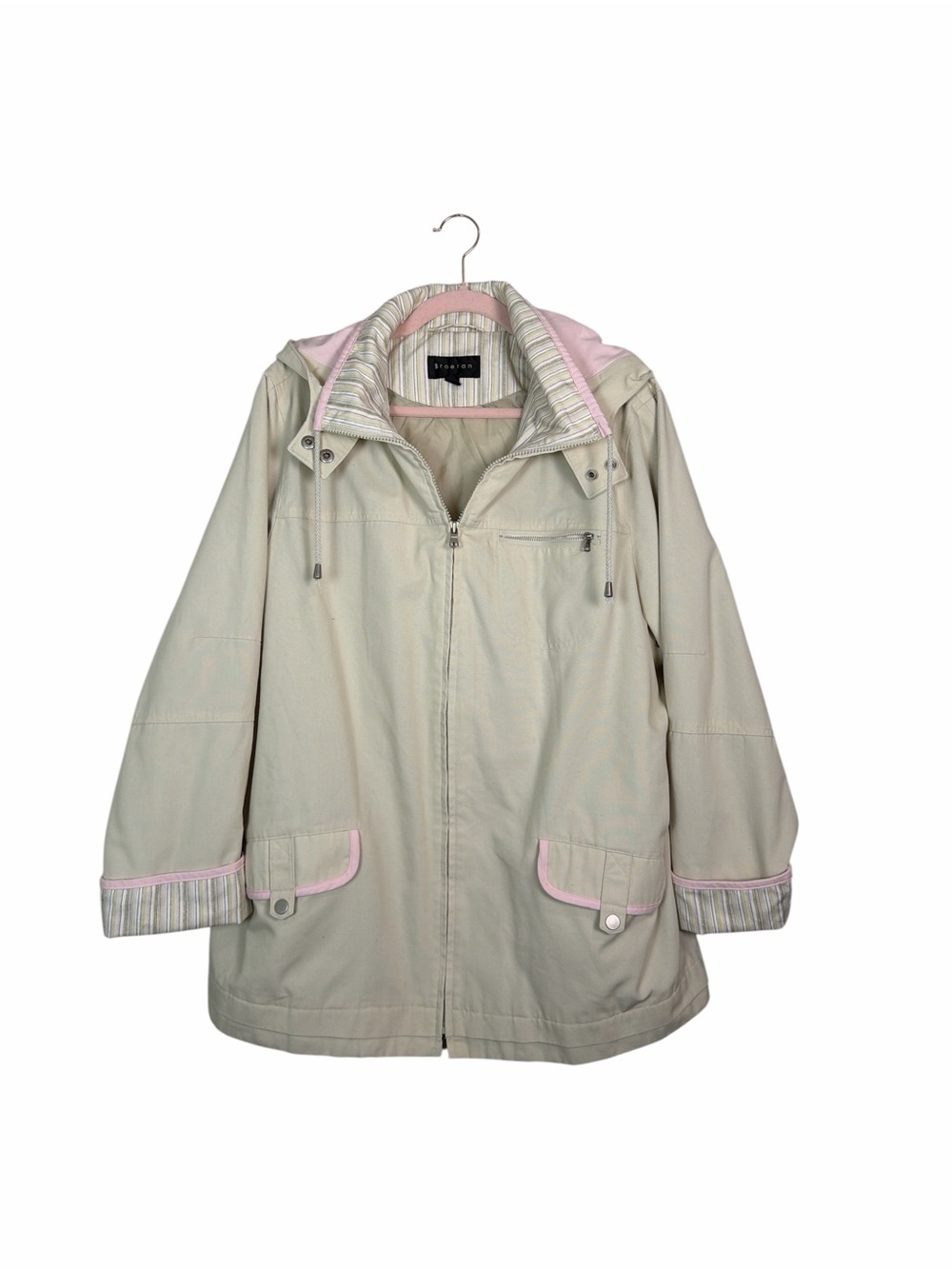 Braetan 1X Beige Hooded Utility Jacket Pink Trim Striped Cuffs